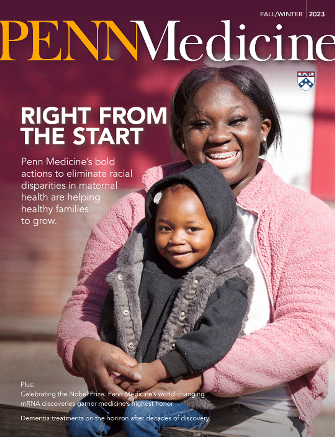 The cover of Penn Medicine Magazine, Fall and Winter 2023 issue, depicting a mother holding her child.